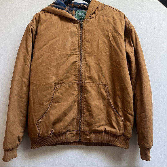 Woolrich Other - Woolrich Green Label Canvas Work Jacket Mens L Brown Hooded Plaid Lined